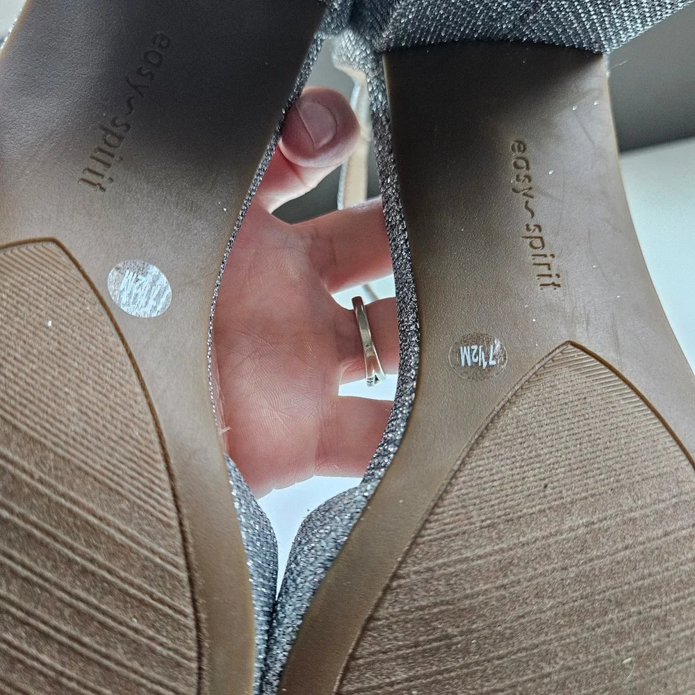Easy Spirit Silver Glitter Block Heel Size 7.5 Ankle Strap Sparkle Hoco Formal